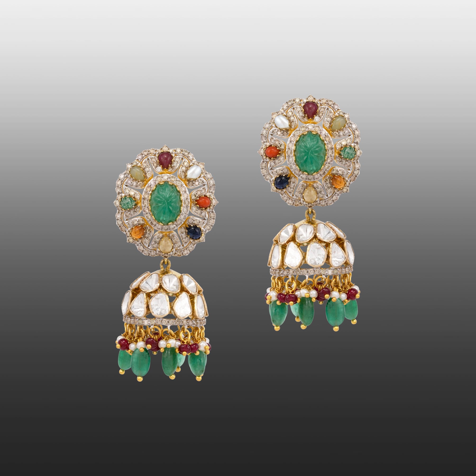 Carved Emerald Navratan Jhumki with Polki Dome